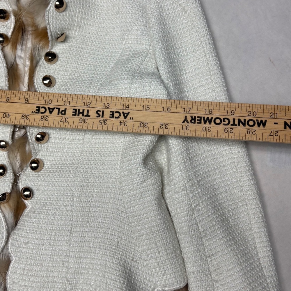 Cream Tweed Faux Fur Lined Peplum Jacket Gold Buttons Silk Blend Sz 4 - Picture 4 of 6
